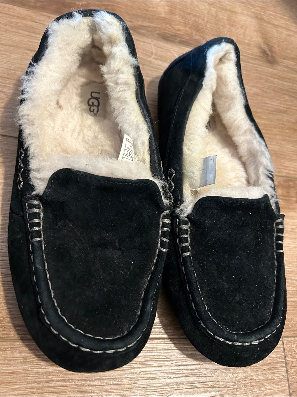 UGG Black Suede Shearling-Lined Moccasin Slippers